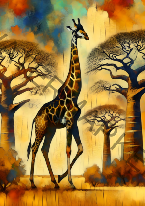 Graceful Giraffe among stylized baobab trees