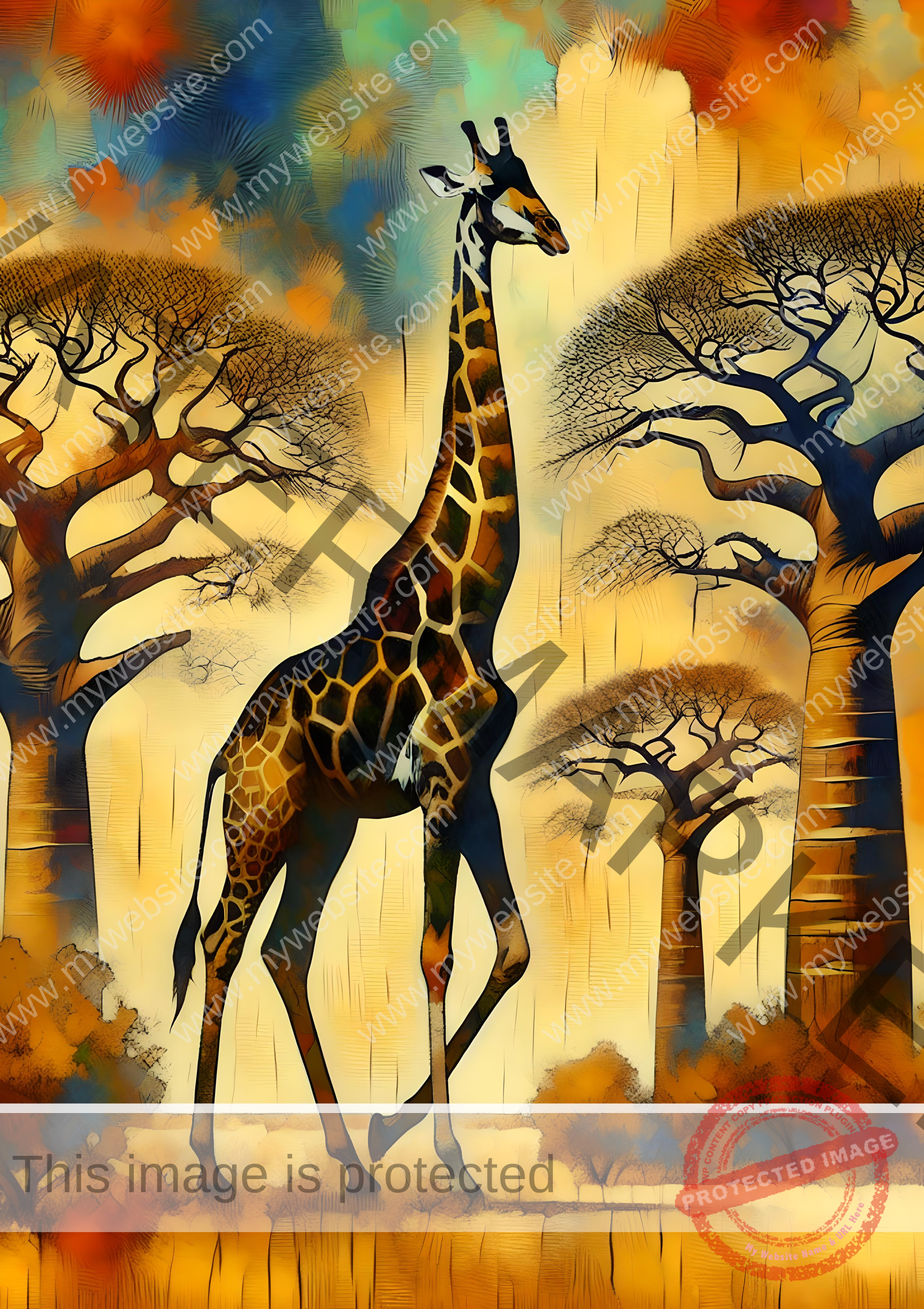Graceful Giraffe among stylized baobab trees