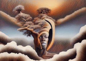 Surreal Portrait with Horns and Trees