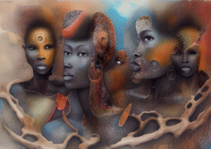 Multi-faced African portrait with intricate jewelry