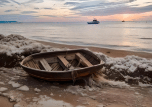 Leeman Rowboat at Sunset Tranquil Coastal Scene