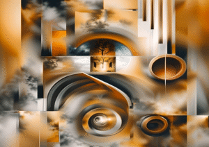 Golden Portal – Abstract Tree Geometry Digital Art