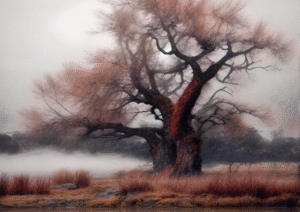 Misty Solitude | Tranquil Autumn Baobab Tree Art