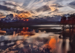 Velvet Sunset over the Misty Lake - Digital Wall Art