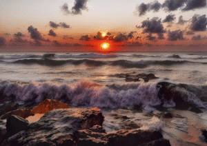 "Fiery Horizon at the Rocky Coast" - Coastal Sunset