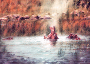 Serene Hippo River African Wildlife Digital Art
