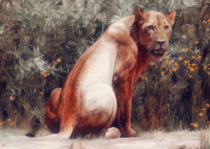 A Lioness seated in a lush, painterly bush setting