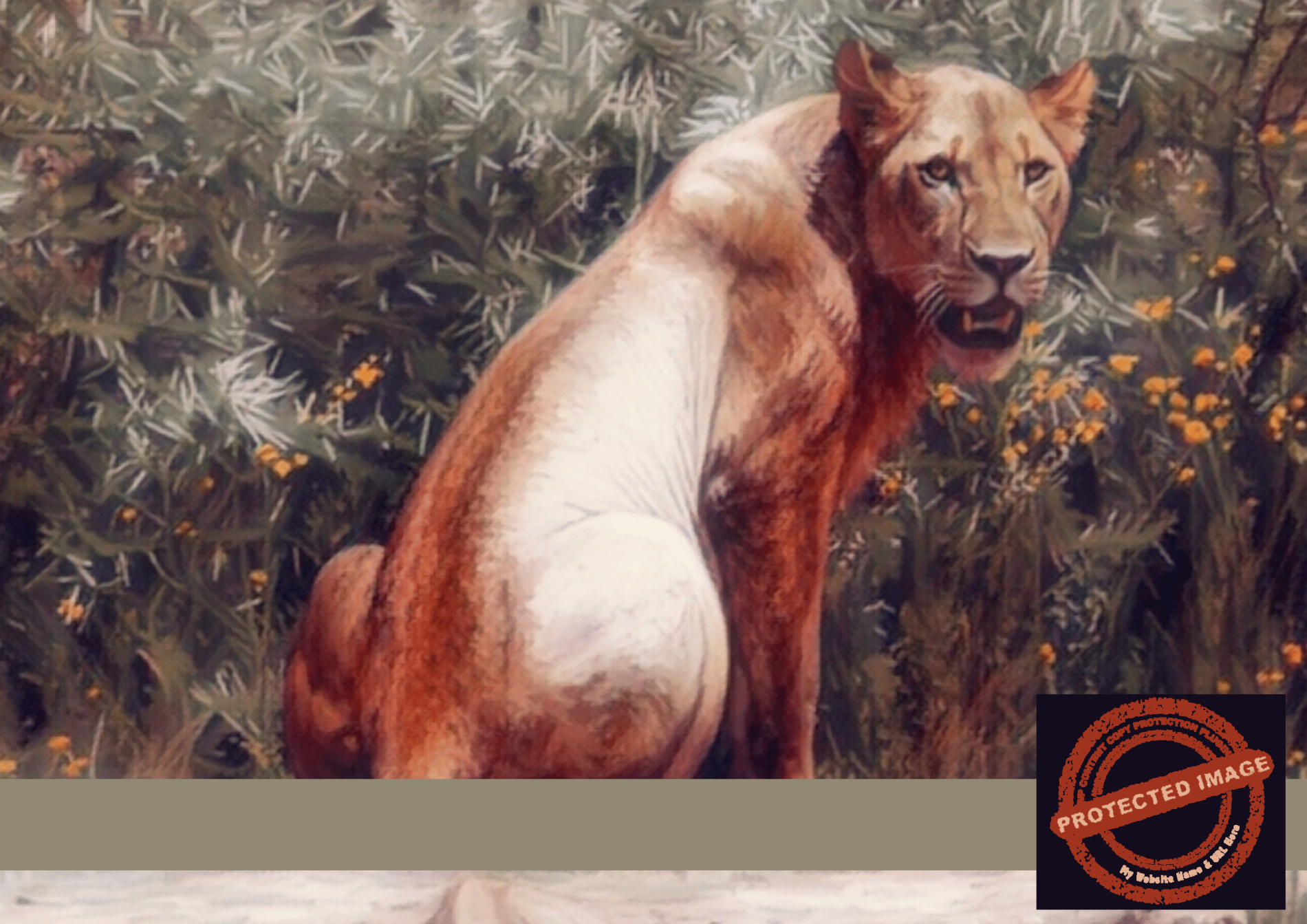 A Lioness seated in a lush, painterly bush setting
