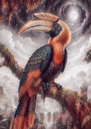 A mystical Hornbill perched under a moonlit sky