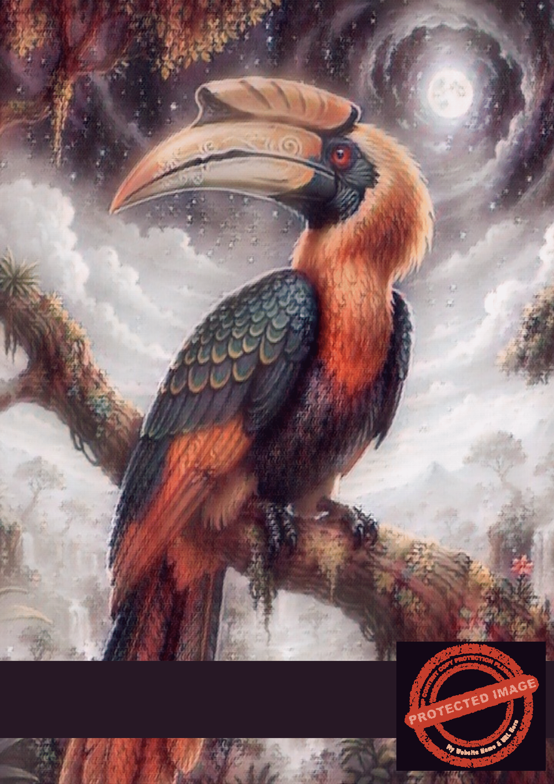 A mystical Hornbill perched under a moonlit sky
