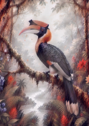 A vibrant Hornbill perched in a lush, misty jungle