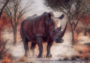A powerful Rhino in a sunlit African landscape