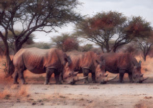 A trio of Rhinos grazing in the African Bush